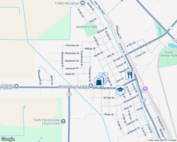 map of restaurants, bars, coffee shops, grocery stores, and more near 703 Thompson Street in McGehee