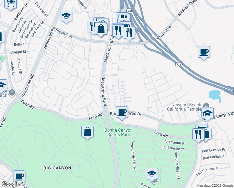 map of restaurants, bars, coffee shops, grocery stores, and more near 1076 Campanile in Newport Beach
