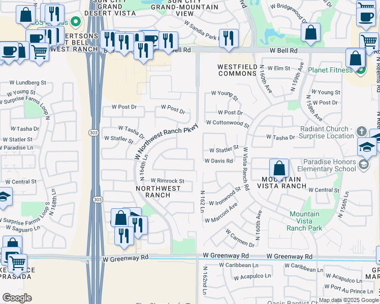 map of restaurants, bars, coffee shops, grocery stores, and more near 16149 North 163rd Drive in Surprise