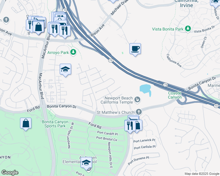 map of restaurants, bars, coffee shops, grocery stores, and more near 22 Landport in Newport Beach