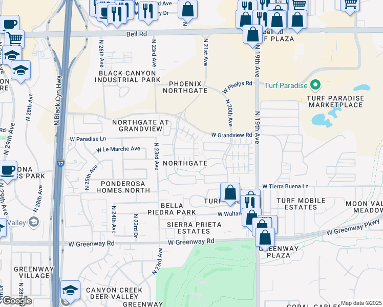 map of restaurants, bars, coffee shops, grocery stores, and more near 2136 West Monte Cristo Avenue in Phoenix