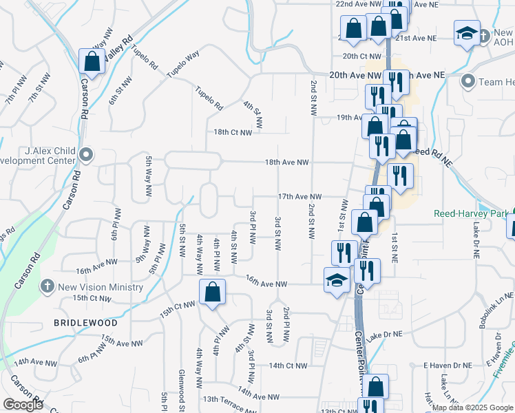 map of restaurants, bars, coffee shops, grocery stores, and more near 317 17th Avenue Northwest in Center Point