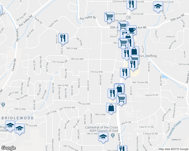 map of restaurants, bars, coffee shops, grocery stores, and more near 213 17th Avenue Northwest in Center Point