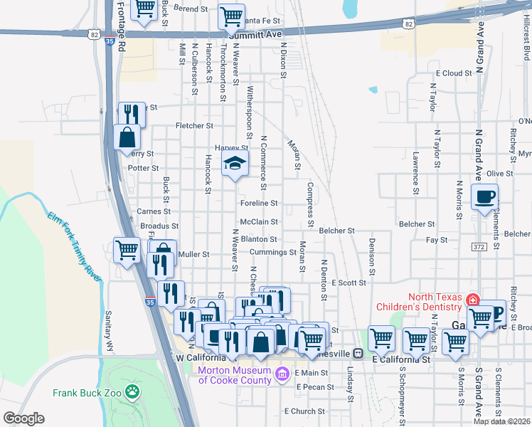 map of restaurants, bars, coffee shops, grocery stores, and more near 810 North Commerce Street in Gainesville