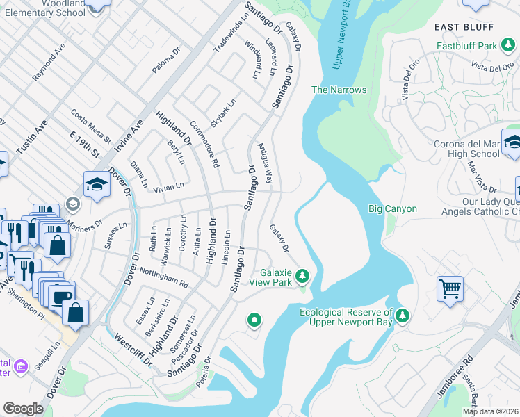 map of restaurants, bars, coffee shops, grocery stores, and more near 1444 Santiago Drive in Newport Beach