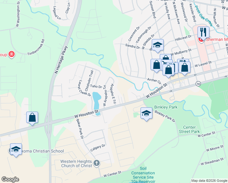 map of restaurants, bars, coffee shops, grocery stores, and more near 209 East Arapaho Street in Sherman