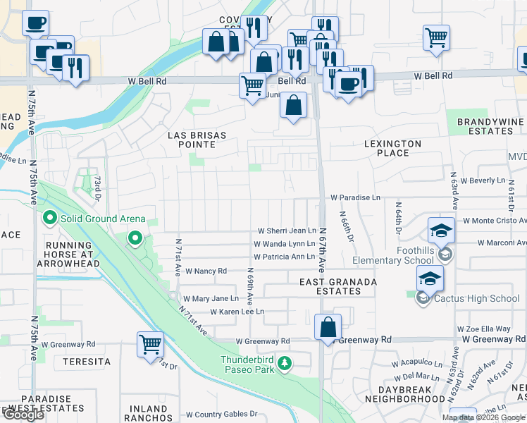 map of restaurants, bars, coffee shops, grocery stores, and more near 16032 North 68th Drive in Peoria