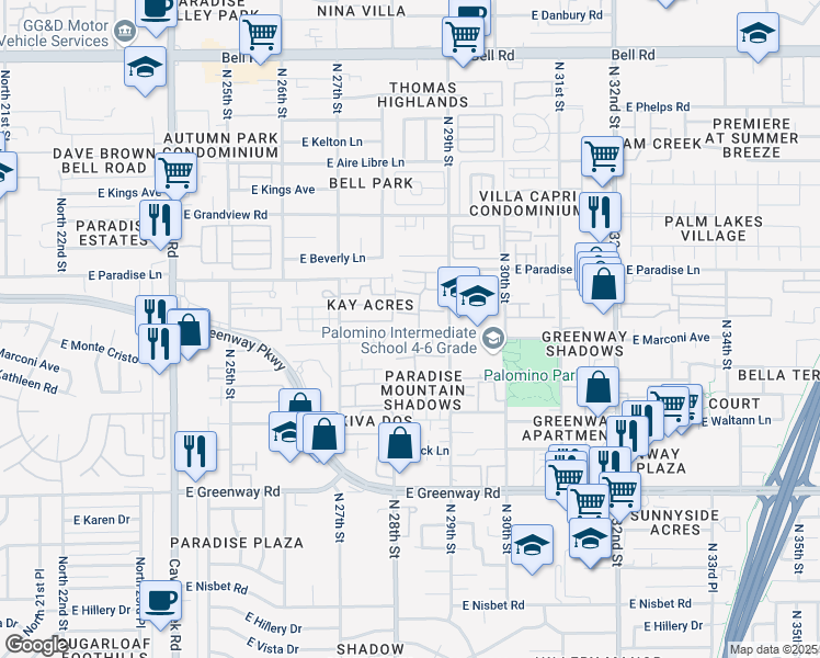 map of restaurants, bars, coffee shops, grocery stores, and more near 2814 East Marconi Avenue in Phoenix