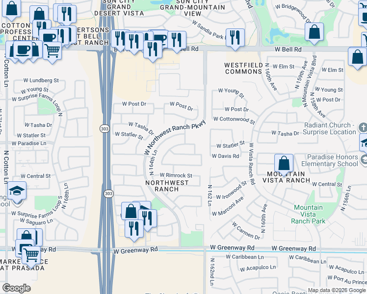 map of restaurants, bars, coffee shops, grocery stores, and more near 16375 West Sandra Lane in Surprise