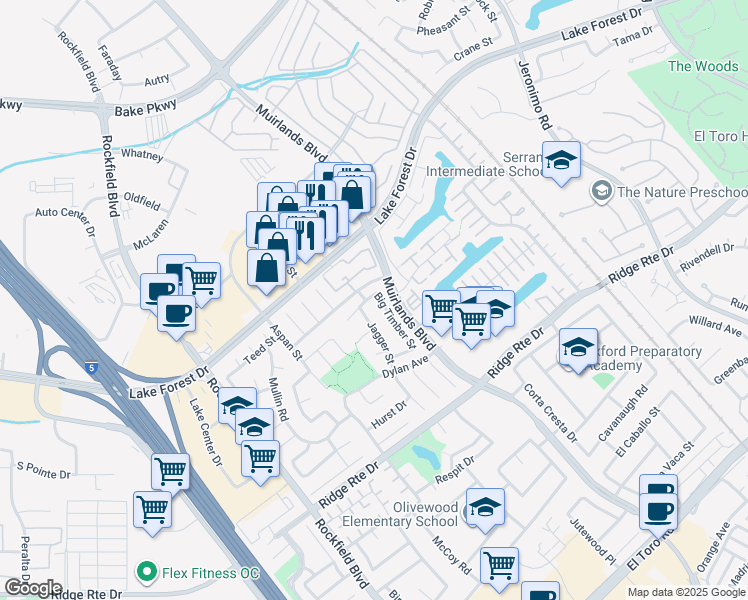 map of restaurants, bars, coffee shops, grocery stores, and more near 24112 Big Timber Street in Lake Forest