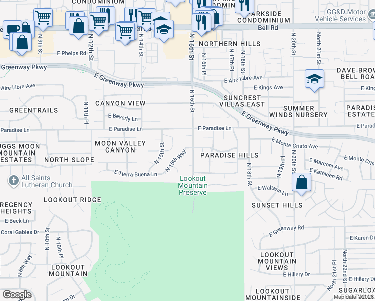 map of restaurants, bars, coffee shops, grocery stores, and more near 1553 East Monte Cristo Avenue in Phoenix