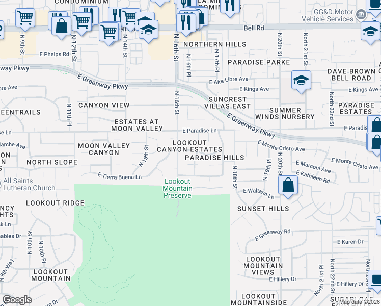map of restaurants, bars, coffee shops, grocery stores, and more near 1625 East Monte Cristo Avenue in Phoenix