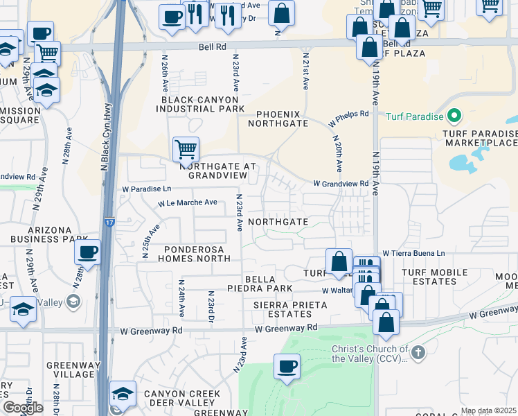 map of restaurants, bars, coffee shops, grocery stores, and more near 2222 West Faria Lane in Phoenix