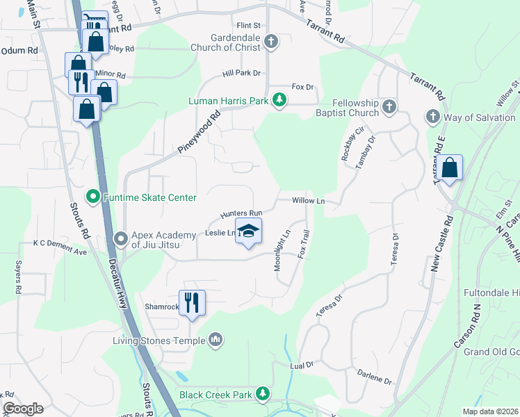 map of restaurants, bars, coffee shops, grocery stores, and more near 3042 Hunters Run in Fultondale