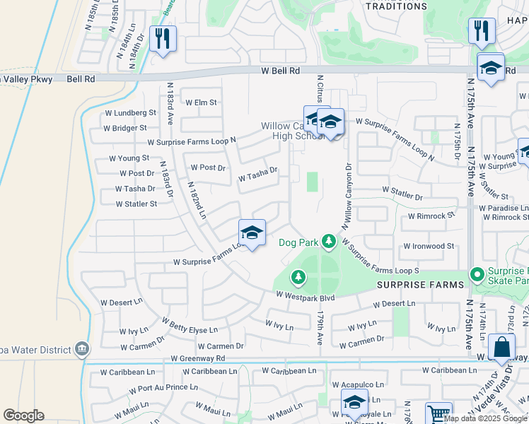 map of restaurants, bars, coffee shops, grocery stores, and more near 18071 West Paradise Lane in Surprise