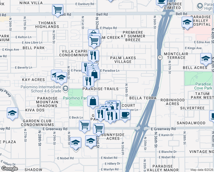 map of restaurants, bars, coffee shops, grocery stores, and more near 15843 North 32nd Place in Phoenix
