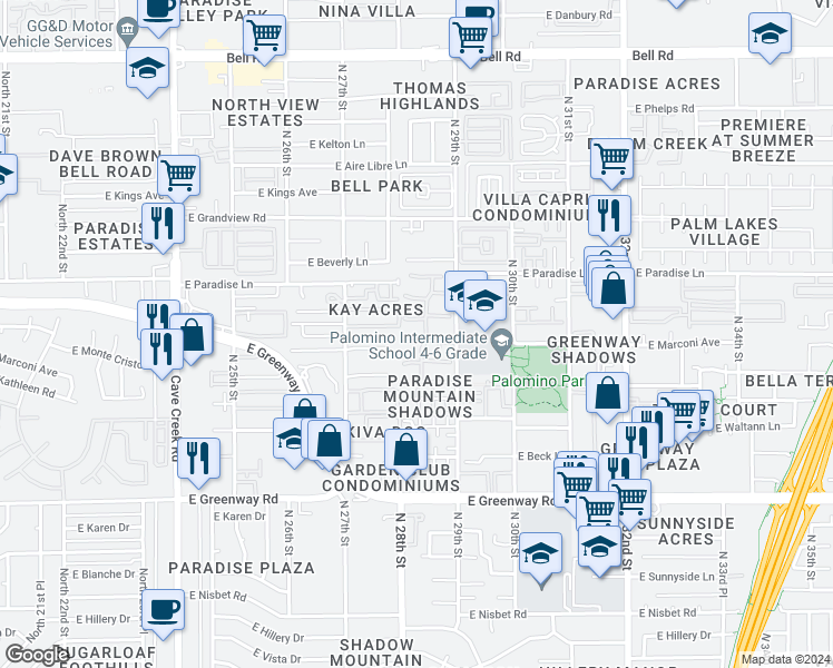 map of restaurants, bars, coffee shops, grocery stores, and more near 2814 East Marconi Avenue in Phoenix