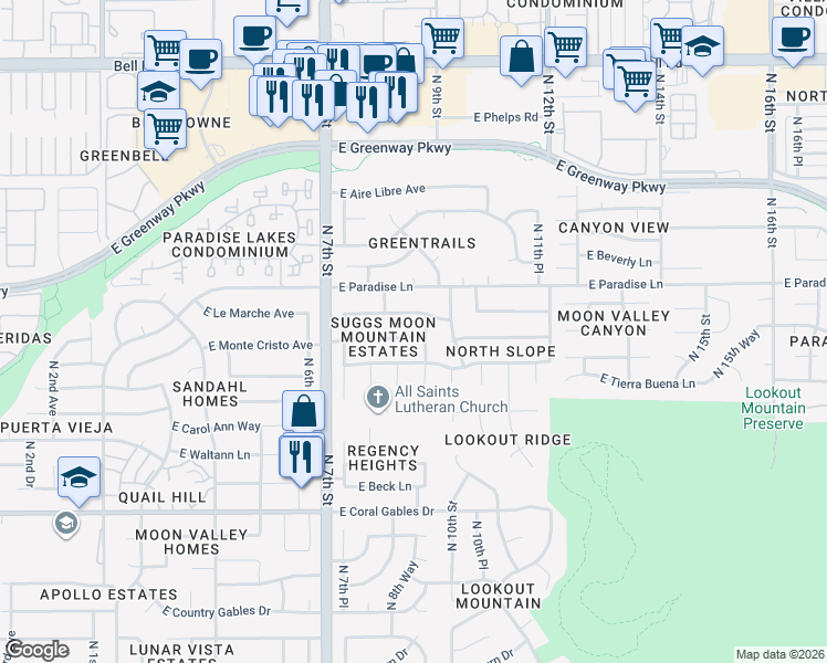map of restaurants, bars, coffee shops, grocery stores, and more near 908 East Monte Cristo Avenue in Phoenix