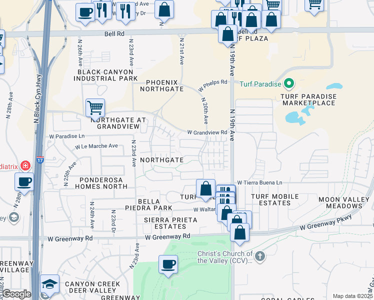 map of restaurants, bars, coffee shops, grocery stores, and more near 2111 West Le Marche Avenue in Phoenix