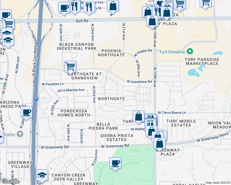 map of restaurants, bars, coffee shops, grocery stores, and more near 2136 West Monte Cristo Avenue in Phoenix