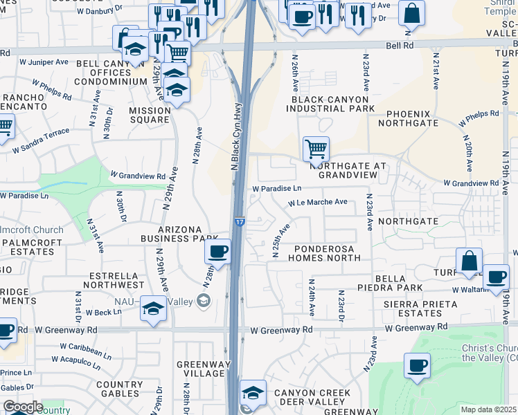 map of restaurants, bars, coffee shops, grocery stores, and more near 16047 North 25th Drive in Phoenix
