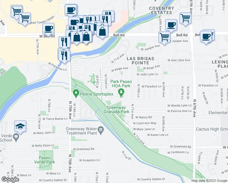 map of restaurants, bars, coffee shops, grocery stores, and more near 7221 West Paradise Lane in Peoria