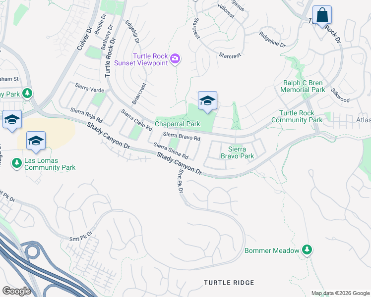 map of restaurants, bars, coffee shops, grocery stores, and more near 19381 Sierra Bello Road in Irvine