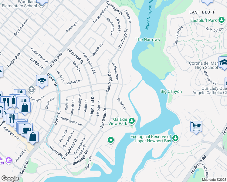 map of restaurants, bars, coffee shops, grocery stores, and more near 1444 Santiago Drive in Newport Beach