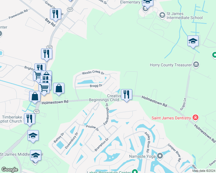 map of restaurants, bars, coffee shops, grocery stores, and more near 320 Paddington Court in Myrtle Beach