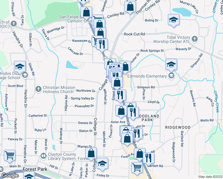 map of restaurants, bars, coffee shops, grocery stores, and more near 4518 Mitchell Street in Forest Park
