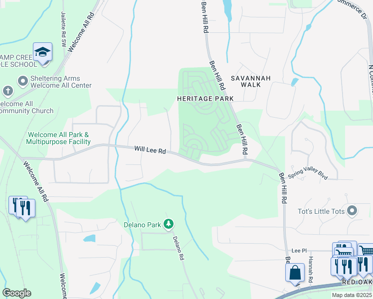 map of restaurants, bars, coffee shops, grocery stores, and more near 3875-3975 Will Lee Road in Atlanta