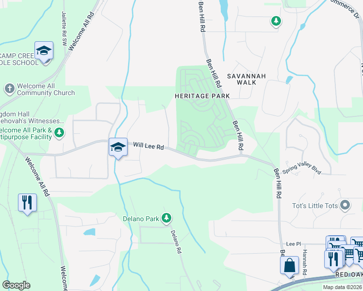 map of restaurants, bars, coffee shops, grocery stores, and more near 3875 Will Lee Road in Atlanta