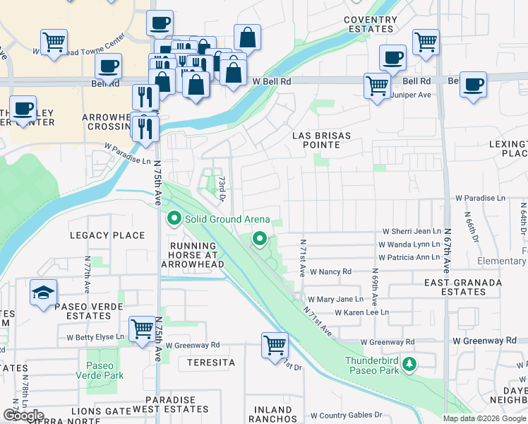map of restaurants, bars, coffee shops, grocery stores, and more near 7227 West Paradise Lane in Peoria