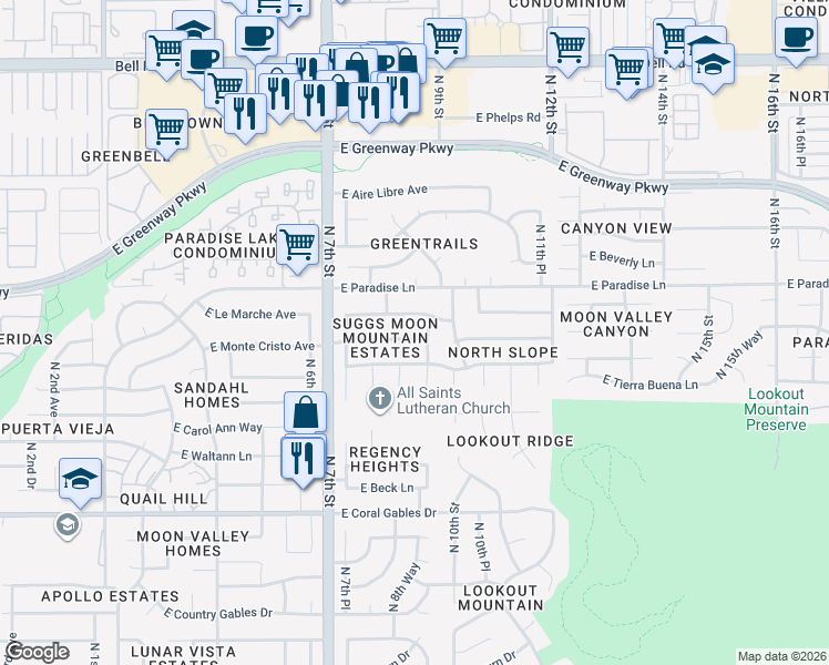 map of restaurants, bars, coffee shops, grocery stores, and more near 908 East Monte Cristo Avenue in Phoenix