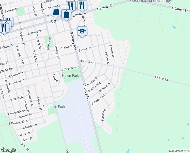 map of restaurants, bars, coffee shops, grocery stores, and more near 841 Hillside Drive in Sherman