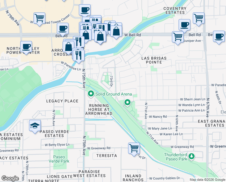 map of restaurants, bars, coffee shops, grocery stores, and more near 7331 West Monte Cristo Avenue in Peoria