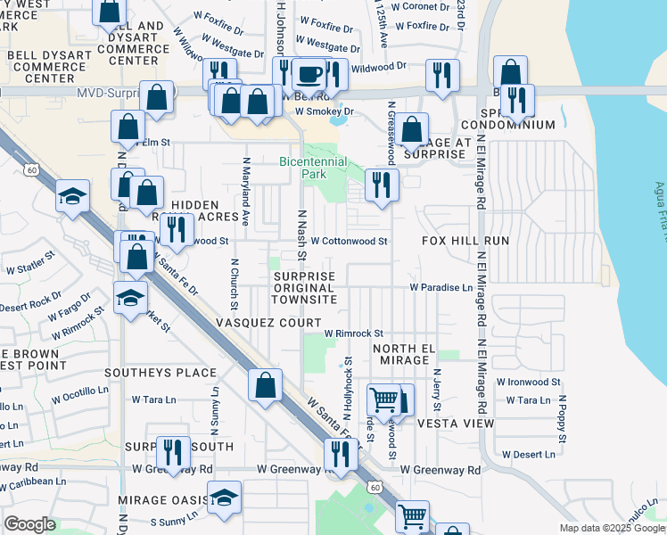 map of restaurants, bars, coffee shops, grocery stores, and more near 12618 West Paradise Lane in Surprise
