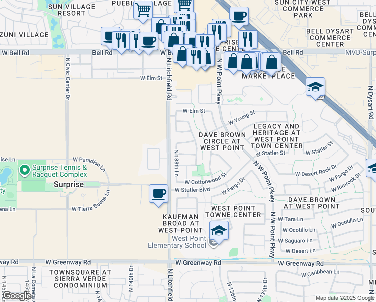 map of restaurants, bars, coffee shops, grocery stores, and more near 13822 West Canyon Creek Drive in Surprise