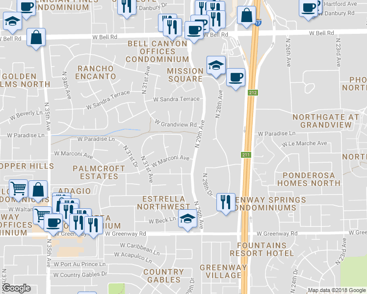 map of restaurants, bars, coffee shops, grocery stores, and more near 16023 North 30th Avenue in Phoenix