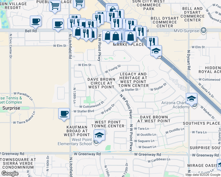 map of restaurants, bars, coffee shops, grocery stores, and more near 16209 North Oachs Drive in Surprise