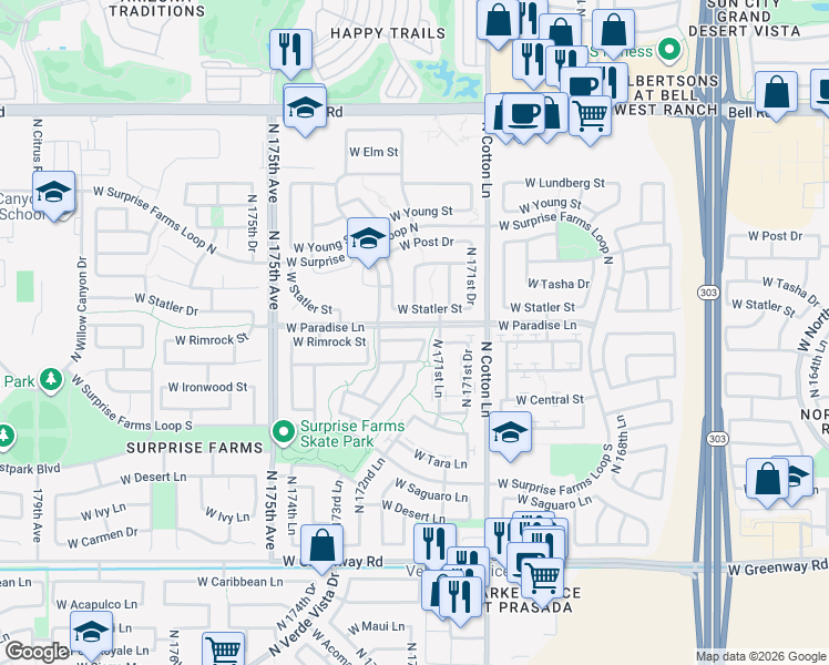 map of restaurants, bars, coffee shops, grocery stores, and more near 17238 West Rimrock Street in Surprise
