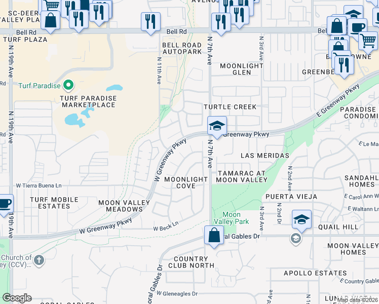 map of restaurants, bars, coffee shops, grocery stores, and more near 1101 West Davis Road in Phoenix