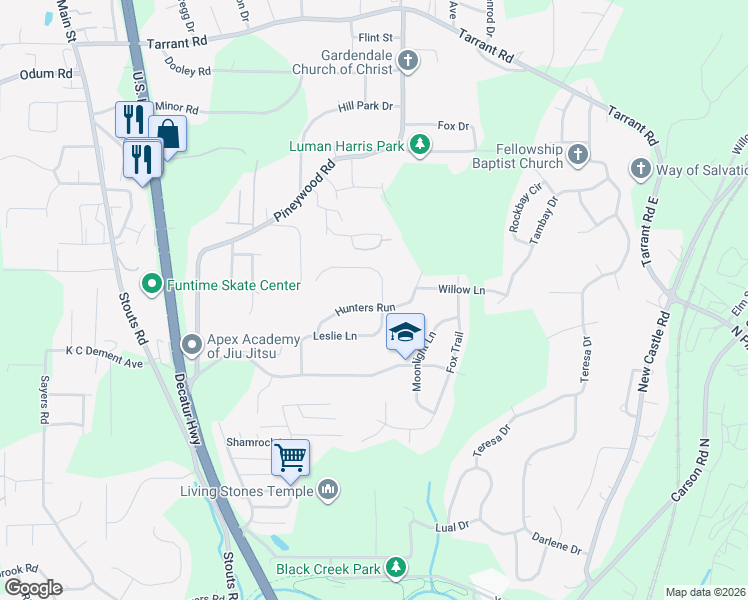 map of restaurants, bars, coffee shops, grocery stores, and more near 3034 Hunters Run in Gardendale