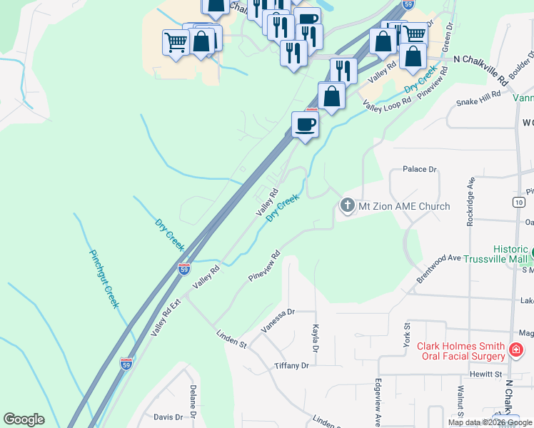 map of restaurants, bars, coffee shops, grocery stores, and more near 4401 Valley Road in Birmingham