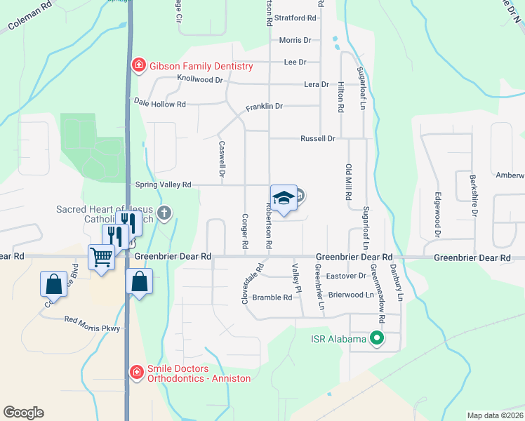 map of restaurants, bars, coffee shops, grocery stores, and more near 1216 Robertson Road in Anniston