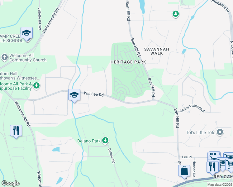 map of restaurants, bars, coffee shops, grocery stores, and more near 3875 Will Lee Road in Atlanta