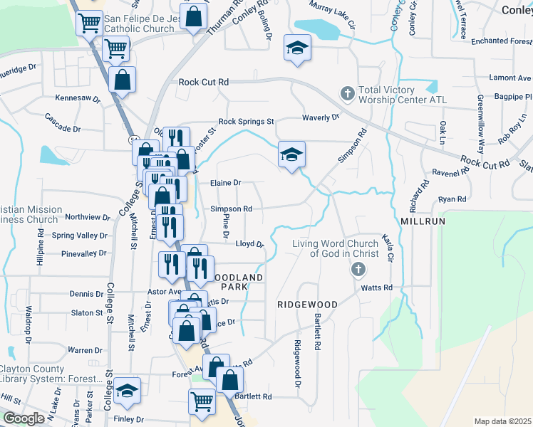 map of restaurants, bars, coffee shops, grocery stores, and more near 4510 Montclair Drive in Forest Park