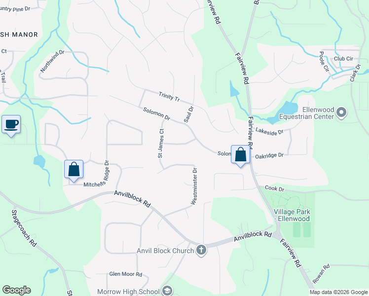 map of restaurants, bars, coffee shops, grocery stores, and more near 309 King David Drive in Ellenwood