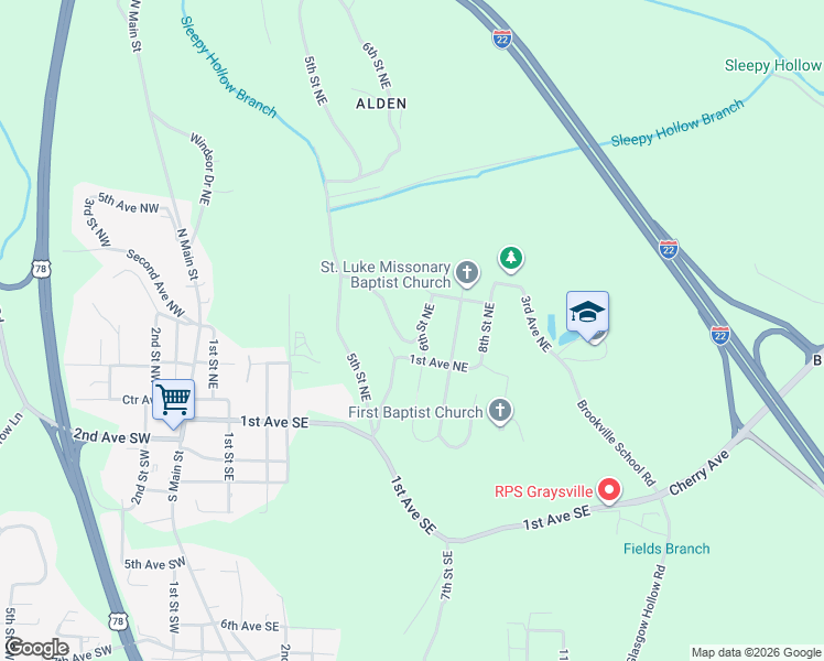 map of restaurants, bars, coffee shops, grocery stores, and more near 200 6th Street Northeast in Graysville