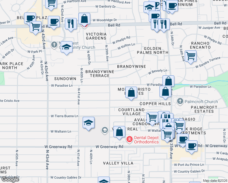map of restaurants, bars, coffee shops, grocery stores, and more near 3845 West Paradise Lane in Phoenix
